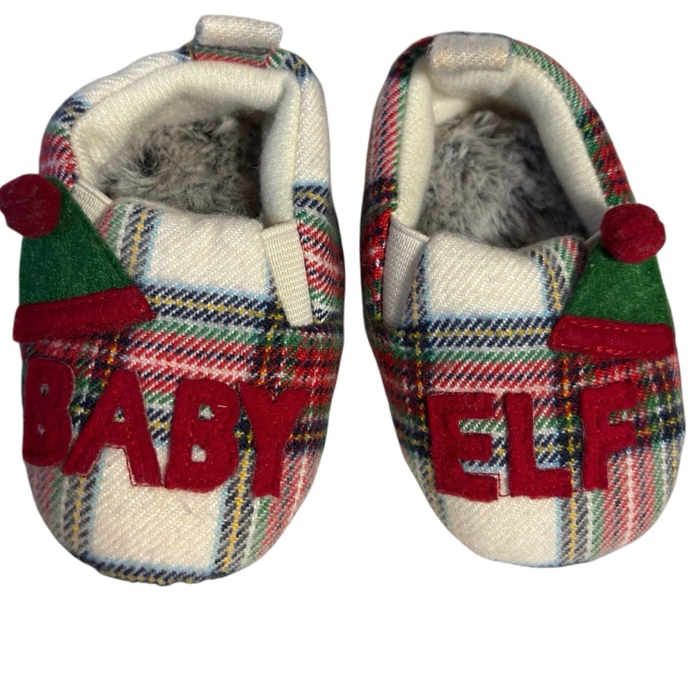 Target Baby ELF Xmas Shoes 3-6 mo furry inside plaid outside LIKE NEW